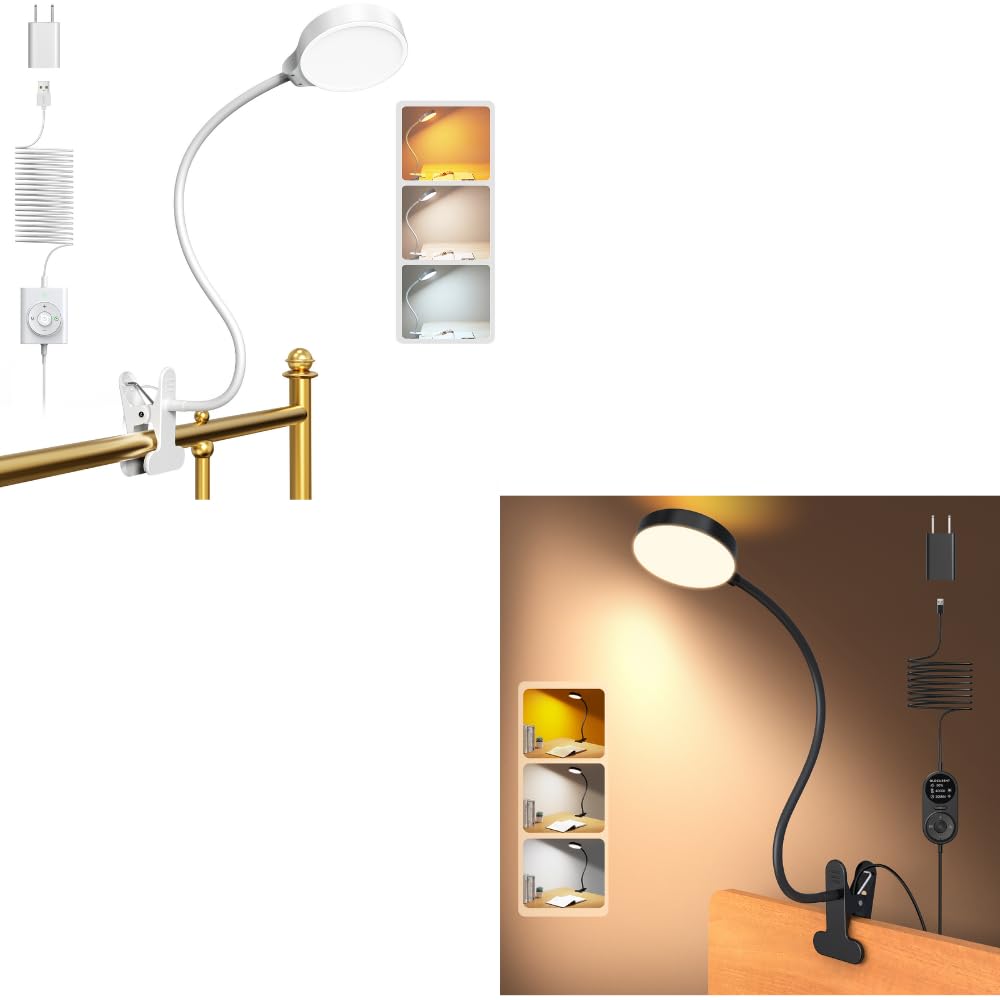 Glocusent 5W 36 LED Leselampe Bett mit 3 Farb- und 5 Helligkeitsstufen & 72 LED Klemmlampe mit 3 Farben und 5 Helligkeiten mit Amber Nachtlicht, 30/60-Min Timer, Augenschutz, für Bett/Lesen/Arbeiten