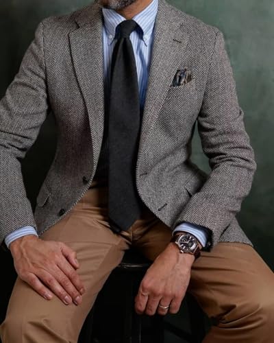 Wangyue Mens Tweed Blazer Vintage Casual Herringbone Tweed Jackets Two Button British Wool Blend Sport Coat Jacket4