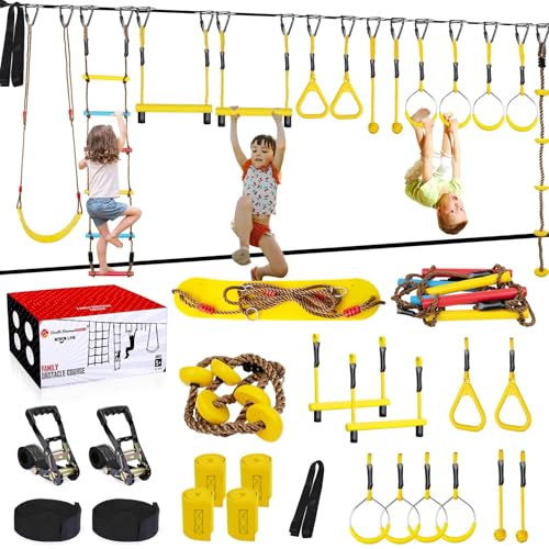 Ninja Warrior Obstacle Course for Kids,Fast-Setup Buckles—Up to 880 lbs,2x65ft Slack Lines for Backyard with with 14 Ninja Accessories-Swing Seat,Tree Swing,Rope Ladder,Ninja Ring,Arm Trainer
