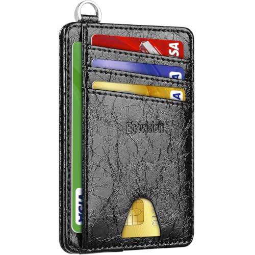Image of Slim Minimalist Front Pocket Wallet, RFID Blocking Credit Card Holder Wallet with Integrated D-Shackle for Men Women, Crazy Horse Glossy Black, small, Minimalist