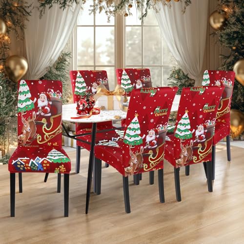 Image of SearchI Christmas Chair Covers Set of 4, Stretch Xmas Kitchen Chair Cover Removable Washable Holiday Parsons Chair Slipcovers for Dining Room, Christmas Decoration, Ceremony(Santa Claus+Elk)