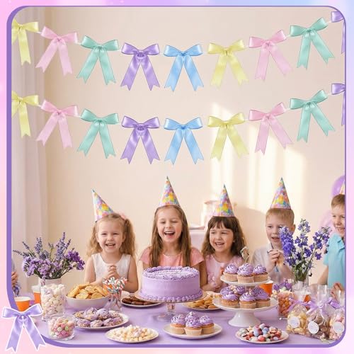 Image of NatNarr 2 Pcs Pastel Bow Garland Banner, Pre-Strung Satin Ribbon Bow Banner Pastel Party Decorations for Home Classroom Decor Bridal Baby Shower Birthday
