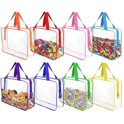8 Pcs XL-Large Clear Toy Storage Bags with Zipper, Reusable PVC Waterproof Toy Organizer Bags with Portable Handle for Building Blocks, Puzzles, Board Games,and Travel Dust-Proof Storage (XL-Large)