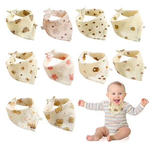 Eniyou 10 Pcs Baberos Bebe Recien Nacido Babero Bebe Algodon Suave y Agradable para La Piel Transpirable y Absorbente Dos Broches Ajustables Apto para Bebés de Diferentes Edades