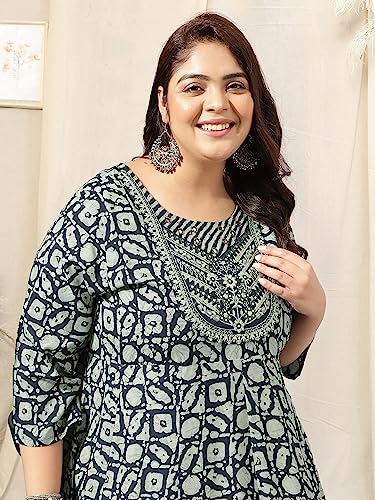 Image of MIRCHI FASHION Women's Plus Size Anarkali Rayon Ebroidery Work Kurti Only (MPK9451 - Navy Blue, Grey - 6XL)