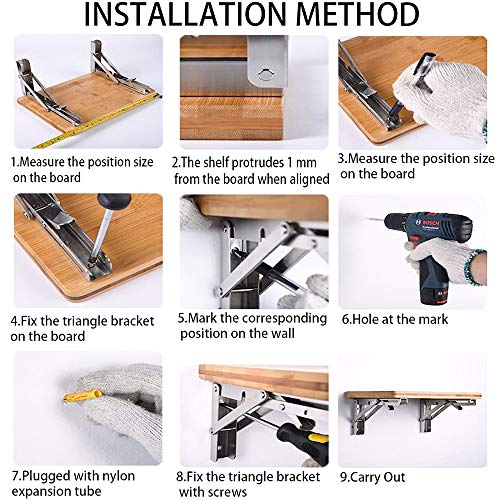 Storystore Folding Shelf Brackets - Heavy Duty Stainless Steel Collapsible Shelf Bracket For Bench Table, Space Saving Diy Bracket, Max Load: 550Lb （Long :12” , 2 Pcs） #TOP6