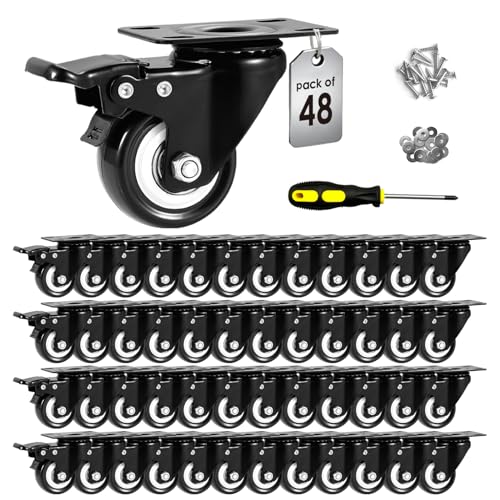 Image of 2 inch Caster Wheels Set of 48, Heavy Duty Casters with Brake, No Noise Locking Casters with Polyurethane (PU) Wheels, Swivel Plate Castors Pack of 48