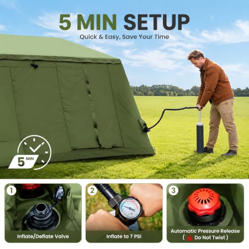 Image of Inflatable Tent, Easy Setup 4 /6 /8 /10 /12 Person Blow Up Tent with Hand Pump | Spacious 2-room glamping tent with quick inflatable setup and waterproof fabric for 4-season family camping adventures