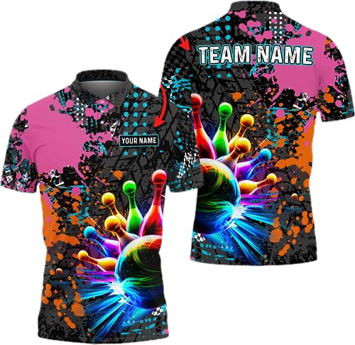 NAZENTI Personalized Men's Bowling Shirts, Custom Jersey, 3D Polo, Quarter Zip Gift for Bowling Lovers A179