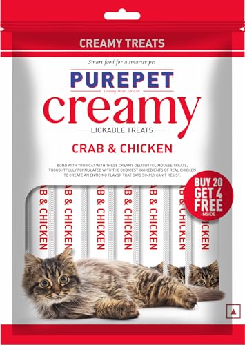 Purepet Creamy Lickable Cat Treats Crab & Chicken 360Gm(15g x24 Pcs)| Rich In Protein Taurine For Heart & Vision Ideal For Training And Bonding Promotes Hydration| Treats For Kitten And Adult Cats