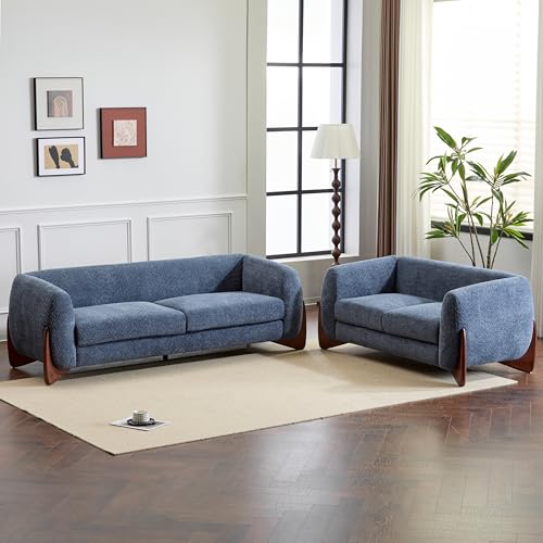 Image of Christopher Knight Home Almad 2 Pieces Sofa Couch Set, Cozy 3-Seater Sofa and Loveseat for Living Room, Upholstered Couch Chair, Soft Seating Lounge Sofa with Wood Frame, Boucle Fabric, Navy Blue