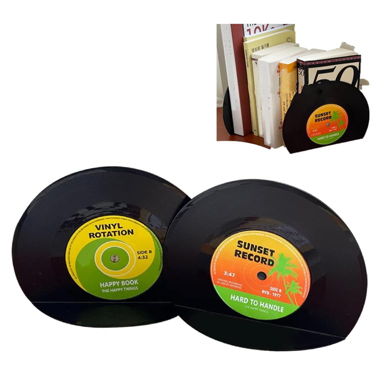 Sujetalibros Retro, Sujetalibros De Discos para Estantes Forma De Disco De CD Clásico Extremos De Libros Decorativos Tema Musical Divertido Sujetalibros Musicales 1 Par