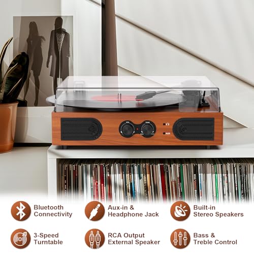 Image of Vinyl Record Player with Built-in Stereo Speakers, 3-Speed Belt-Drive Turntable, Treble & Bass Control, RCA-Out /AUX-in, Headphone Jack Vintage LP Player, Red Wood
