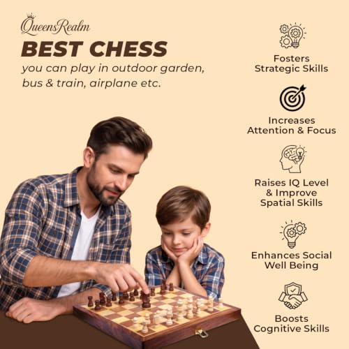 Image of QueensRealm 12.5 Inch Wooden Handmade Magnetic Chess Board Set with Magnetic Pieces | Premium Foldable Chessboard for Kids and Adults Ideal for Indoor Outdoor Chess Set (12.5 x 12.5 Inches Wooden)