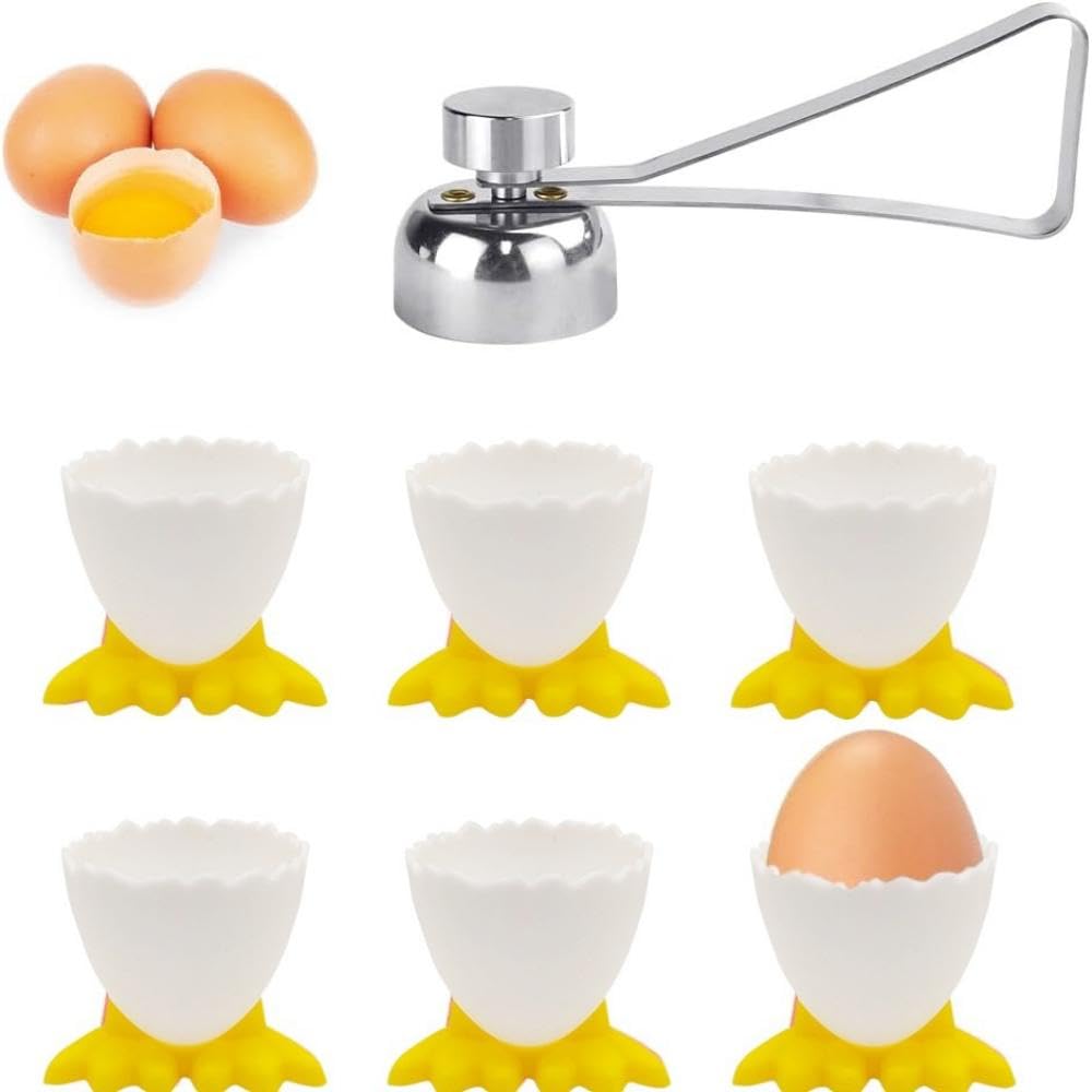 7 Pcs Egg Cups Set, Chicken Feet Egg Cup and Stainless Steel Egg Opener, Novelty Egg Cups Boiled Egg Holder Cup Funny Egg Topper Egg Cups Stand for Boiled Eggs Breakfast(Yellow)