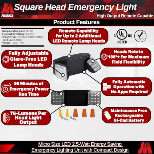 Image of Morris Products Square Head Micro LED Emergency Light - Black, High Output, Remote Capable - 76 Lumens - Energy Saving Emergency Lighting Unit - Compact Design, 2-Pack