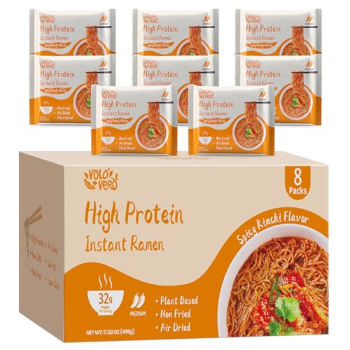 Image of VOLO VERO High Protein (32g) Instant Ramen Noodles Soup, Spicy Kimchi Flavor, 8 Packs, Vegan, Plant-Based, Non-Fried, Low Fat, Egg-Free, Dairy-Free, Healthy Asian Meal