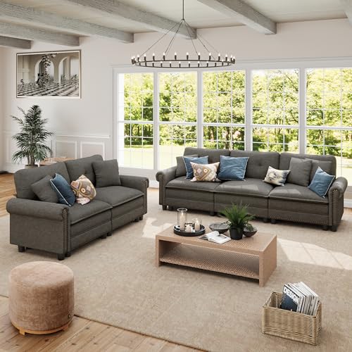 Image of SUNSHINE VALLEY 2-Piece 5-Seater Cloud Modular Sofa Set with Extra Deep & Wider Cushions, Oversized Mid-Century Modern Couch Set with Loveseat and Throw Pillows for Living Room, Linen Dark Grey
