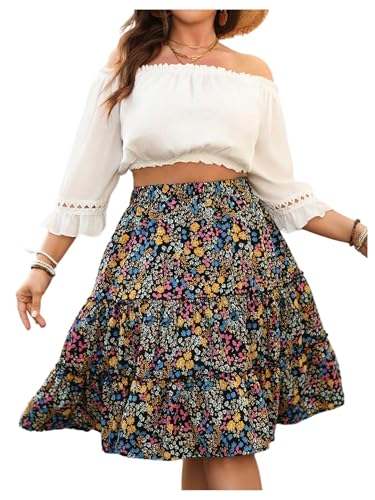 Verdusa Women's Plus Size Boho Floral Tiered Skirt Summer Flowy Vacation Mini Skirts