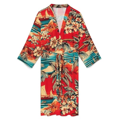 Palm Trees Hawaiian Vibrant Red Mens Robe Long Sleeve Bathrobe Lightweight Nightgown Sleepwear for Spa Shower3