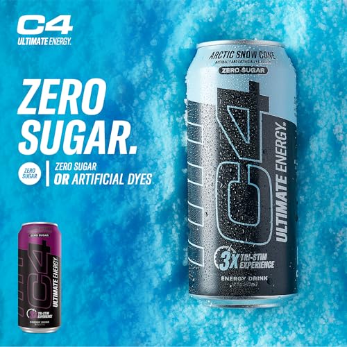 Image of C4 Ultimate Zero Sugar Energy Drink, Tri-Stim Experience with 300mg Caffeine + TeaCrine + Dynamine, Atomic Grape, 16oz (Pack of 12)