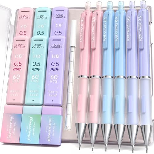 Four Candies 0.5 mm シャープペンシルセット - 6本のかわいい鉛筆と360本のHB&2B芯リフィル、3本のパステル消しゴムと9本の消しゴムリフィル、学生のための審美的な学用品。