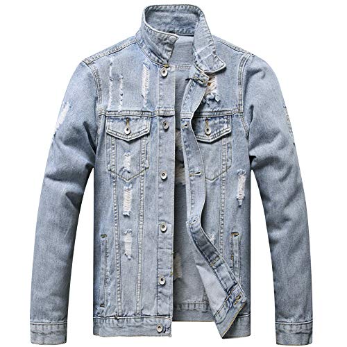 Image of LZLER Men's Denim Jackets Distressed Destroyed Classic Vintage Slim Fit Ripped Fashion Trendy Trucker Jean Jackets
