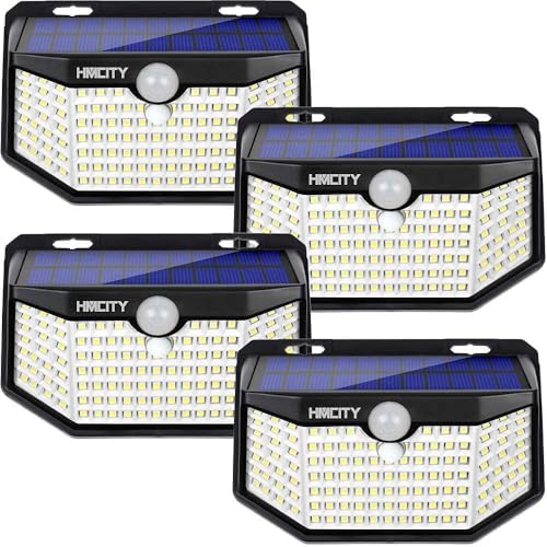HMCITY Solar Lights Outdoor 120 LED 3 Lighting Modes,Motion Sensor Wall Lights, IP65 Waterproof Solar Powered Wall Lights for Garden Deck Lights (Front Button 4Packs, Daylight White, 6000K)