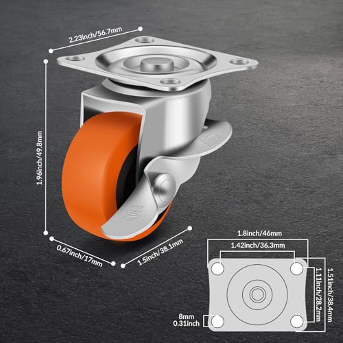 BOSGEOT Caster Wheels, 1.5 Inch Casters Set of 16, Heavy Duty Caster with Brake, Locking Castors with Polyurethane Wheel,Small Plate Swivel Castor Wheels for Furniture Carts,Luggage, Pack of 16
