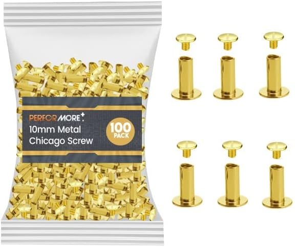 100 Pack of Chicago Screw Post Binding Screws, 10mm Brass Plated Metal Screw Posts for Scrapbooking, Photo Albums, Binding Leather Repair