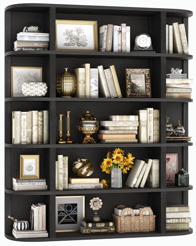 TVU 5-Tier Wood Book Shelf, 47' Wide Large Bookshelf and Bookcase, 62' Tall Bookshelf with Curved Side Shelves, Freestanding Wood Display Book Shelves for Living Room, Home Office, Black