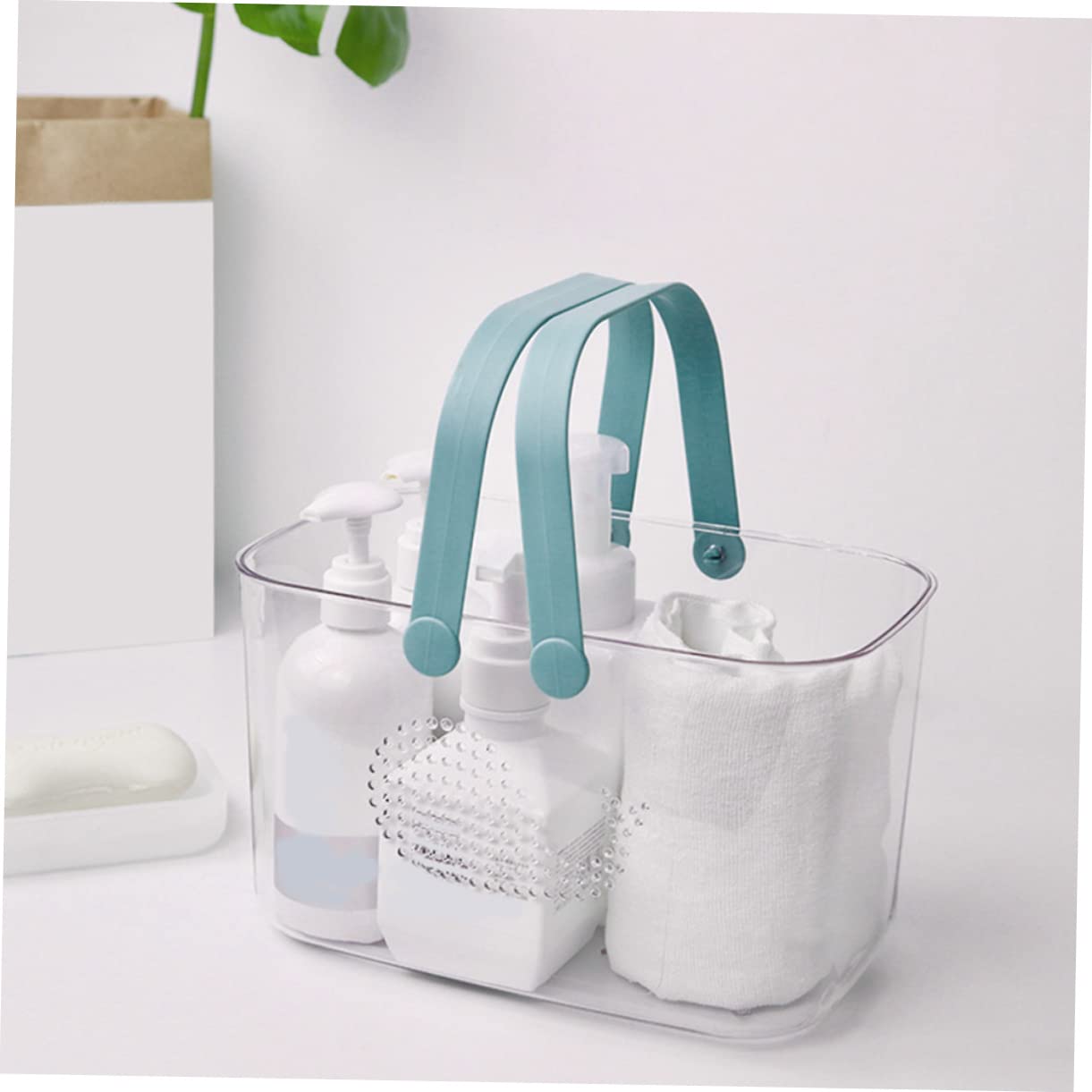 GLEAVI Cesta Asa Ducha de Plástico con Transparente Portátil | Organizador para Gel y Juguetes, Estable sobre Superficie Plana, para Cocina y Dormitorio, Gran Capacidad