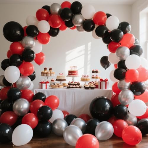 Image of 412Pcs Red Black and White Balloon Garland Arch Kit,18 12 10 5 Inch Different Size Red Black White Balloons for Shower Birthday New Year Graduation Wedding Racing Car Poker Party Decorations