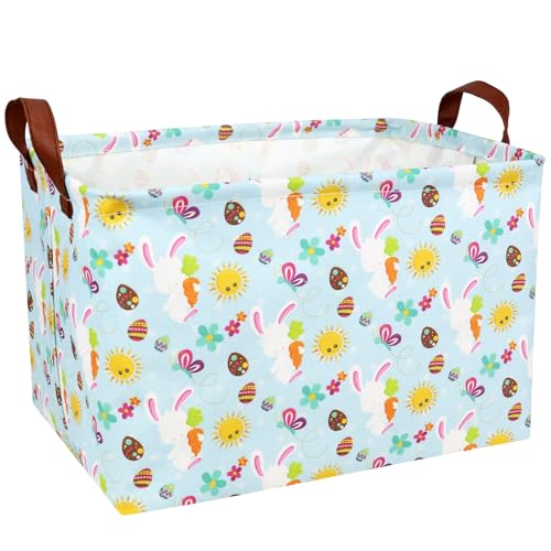 Image of Easter Basket for Kid Large Empty Rectangular Cute Easter Gift Storage Basket Bunny Eggs Decor (Rabbit Butterfly Sun)