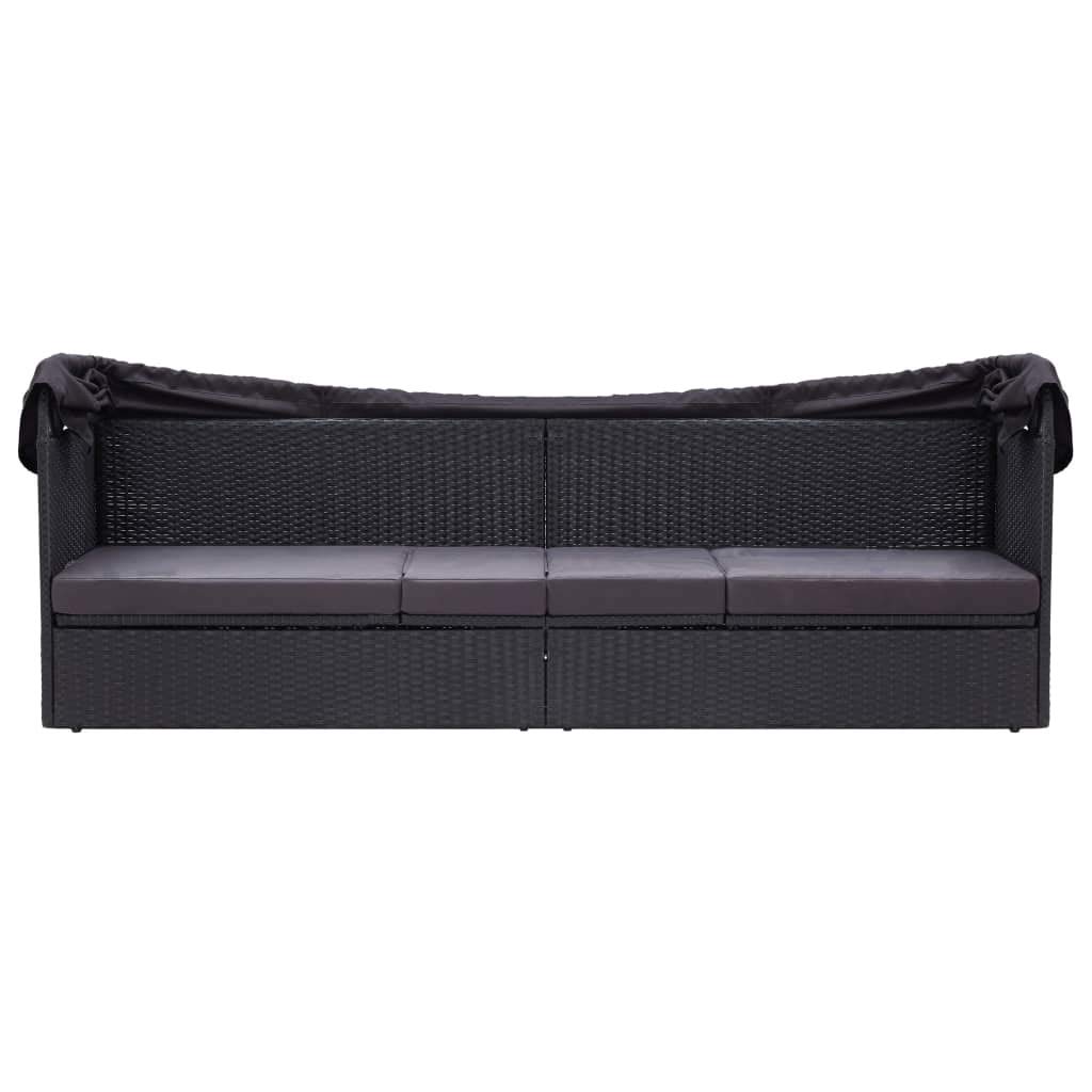 Lettino Prendisole con Baldacchino Nero Rattan PE 205x62x124 cm | Divano letto esterno in rattan PE con cuscino spesso 7 cm e struttura in acciaio, per giardino o piscina