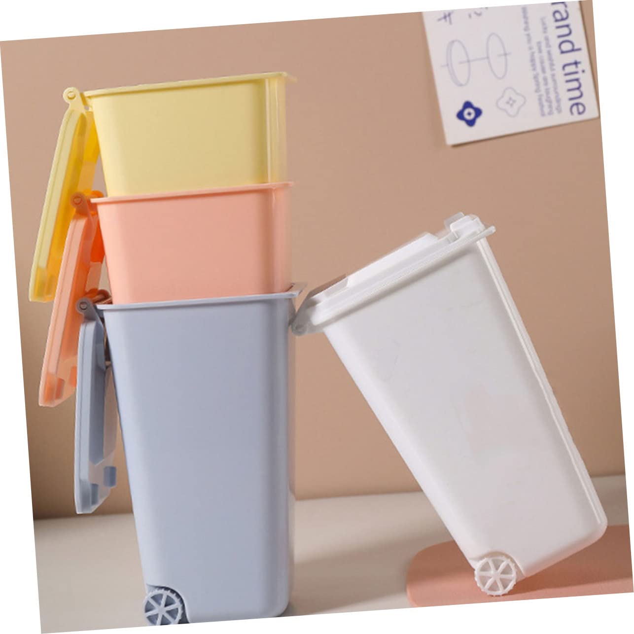 4pcs Mini Wastebasket with Lid Practical Desk Trash Can for Office Home Cute Desktop Garbage Bin Pen Holder Small Easy to Clean
