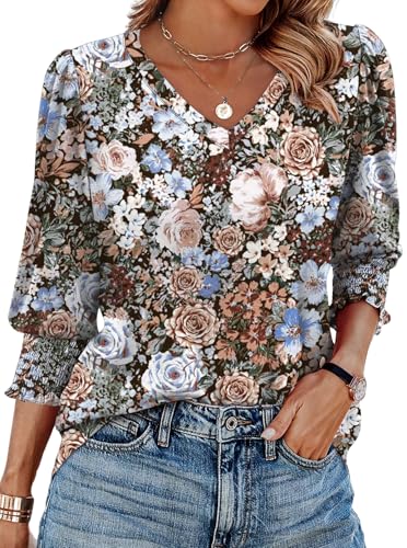 Aokosor Womens 3/4 Sleeve Tops Ladies Blouses V Neck T Shirts Puff Sleeve Tunic Curved Hem Office Wear Size 22-24 Blue Pink Rose
