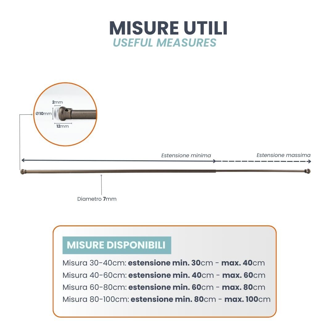 Bacchette Per Tende A Vetro senza forare Bronzo Spessore 7 mm Estensibile 40-60 cm