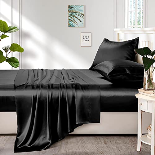 King Linen Silk Satin Bedsheet Set 4 Piece Queen Size (60X80)+ 16 Inch Deep Pocket Black Color Cooling Soft And Silk Satin Sheets Queen Size Bedding Set #TOP1