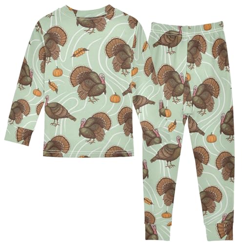 Pajama Sets Long Sleeve Turkey Pumpkin Leaf Pattern Soft Comfy Sleepwear 2 Piece PJS 3-8T3