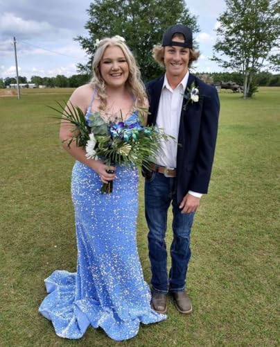 Wchecalino Mermaid Prom Dresses 2025 for Teens Sequin Spaghetti Straps Sparkly Sexy Backless Evening Gown with Slit3