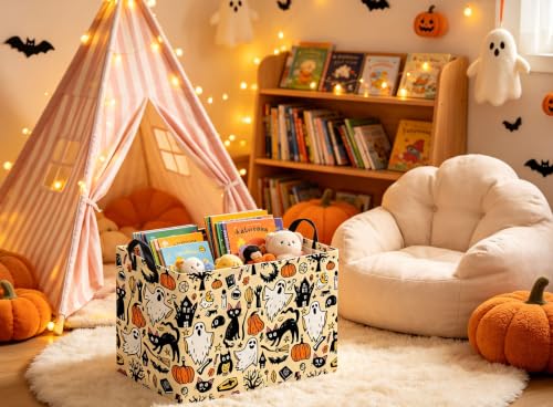 Image of Rectangular Halloween Basket Trick or Treat Pumpkin Basket Cute Storage Bin (Halloween)
