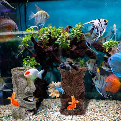 Image of 2pcs Moai Aquarium Decorations Tiki Fish Tank Hideout Shelter Easter Island Statue Cave Antique Decor for Betta Shrimp Cichlid Hiding Aquarium Ornament