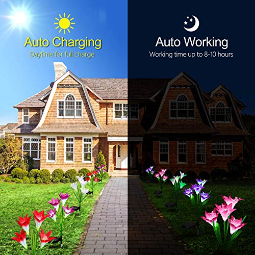 Outdoor Solar Lights, KOOPER 4 Pack Solar Garden Lights with 16 Bigger Lily Flowers, Waterproof 7 Color Changing Outdoor Lights - Bigger Solar Panel for Garden Patio Yard Pathway Decoration…