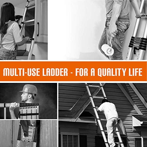 SUNCOO 12.5 FT Extension Ladder, Lightweight Aluminum Telescoping Ladders, Easy Retraction Anti-Slip Telescopic Extendable Climb Attic Ladder with Spring Loaded Locking Mechanism, 330 lbs Capacity