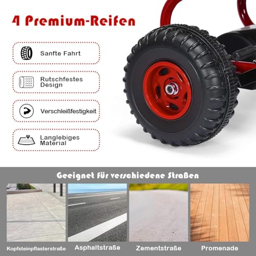 FANTASK Gokart mit verstellbarem Sitz, Go Cart mit Handbremse, Tretauto bis 30 kg belastbar, Kinderfahrzeug für Kinder von 3-6 Jahren (Rot) – Bild 5
