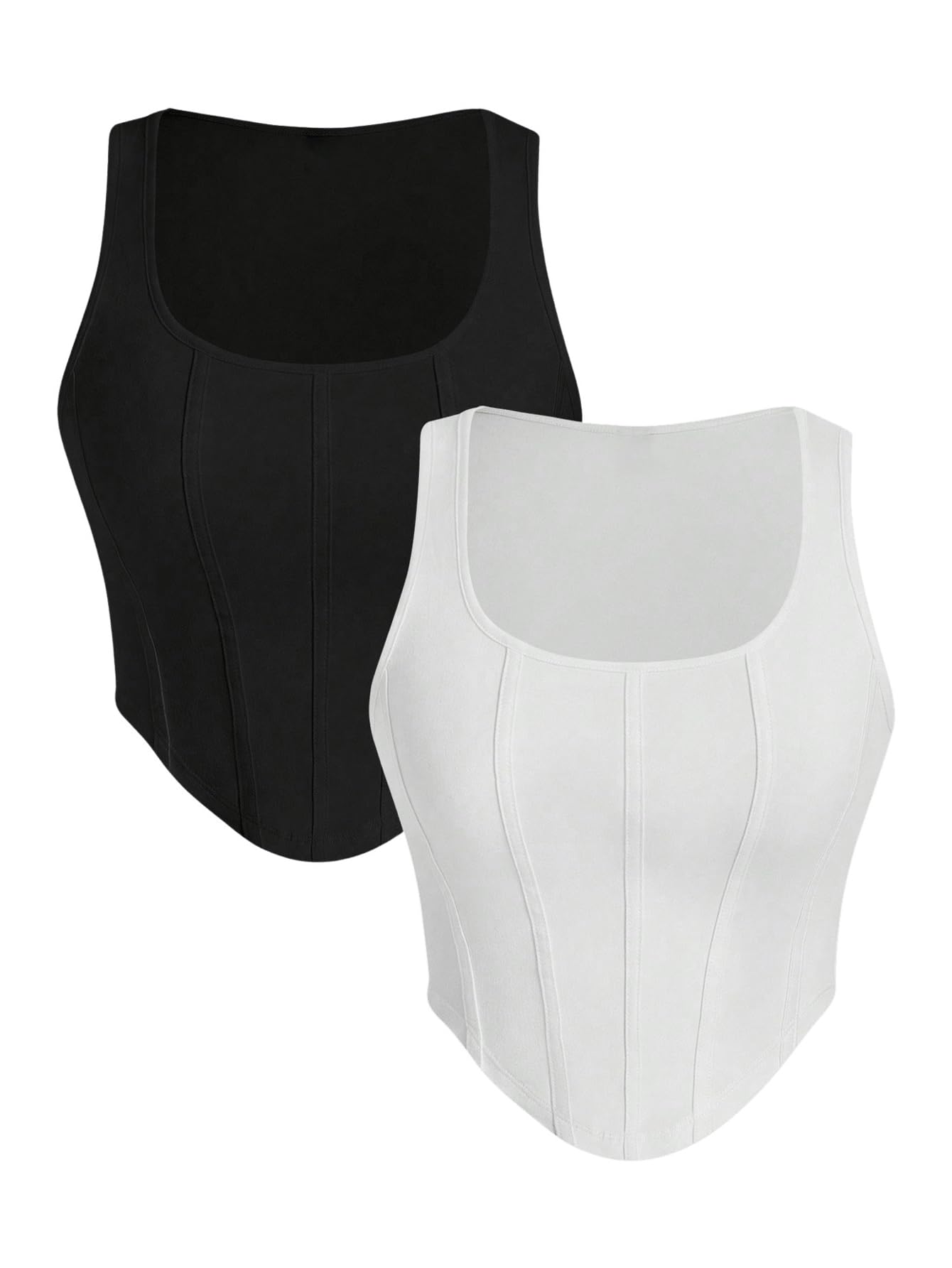 Women's 2 Pack Crop Bustier Corset Tank Top Sleeveless Square Neck Asymmetrical Hem Ribbed T Shirts-image-9