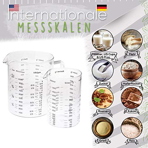 Foto von TreeBox Messbecher glas - 1l & 500ml - 2er Set - Robuste und hitzebeständige Messbecher Set aus Borosilikatglas - Mikrowellengeeignet - Perfekt zum Backen, Kochen und Mischen, Transparent