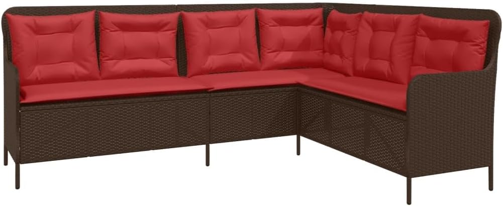 vidaXL Patio Sofa with Cushions - L-Shaped Corner Couch, Outdoor Lounger in Brown Poly Rattan - UV, Powder-Coated Steel Frame - Ideal for Garden, Terrace, Patio - Brown/Red, 5-Seater