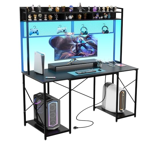 Devoko Escritorio Ordenador con LED, Secretaria Escritorio de Juego con Soporte y Estante de Almacenamiento, Mesa Gaming Ergonómico con Enchufe y 2 Tomas USB para Salas de Oficina 120x60cm Negro